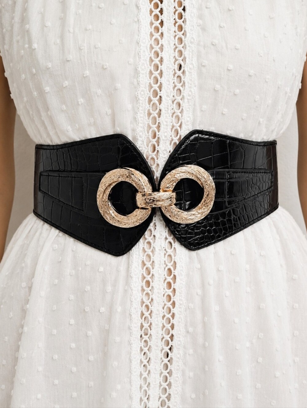 Black Croc Embossed Wide Elastic Waist Belt M Gold Buckle Statement Party event - Picture 1 of 7